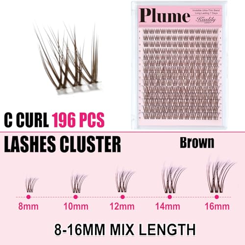 Kisslily Plume Lash Extension Kit - Natural Brown Lash Clusters, 8-16mm C Curl