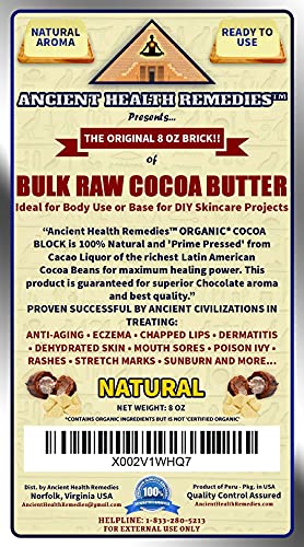 Ancient Health Remedies Organic Raw Cocoa Butter Block, 8oz - DIY Skincare