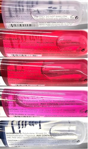 Hydrating Lip Gloss Set with Vitamin E - 5 Pack Lip Gels in Clear, Rosehip, Strawberry, Cherry & Bubble Gum