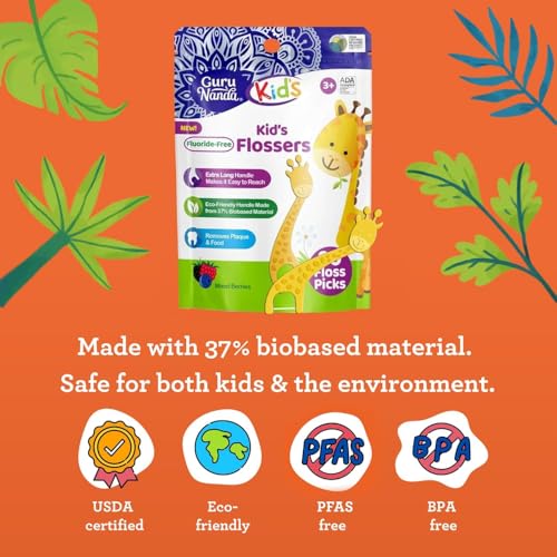 GuruNanda Giraffe Dental Floss Picks for Kids, Berry Flavor, 90 Count