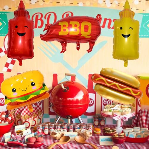 10 Pack BBQ Theme Foil Balloons - Hamburger, Hot Dog & Ketchup