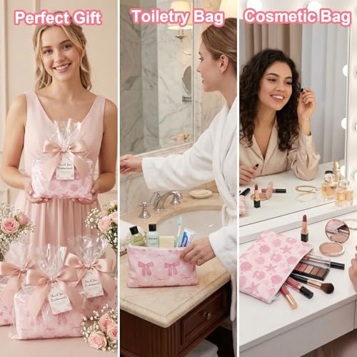 10-Pack Pink Bow Makeup Bags - Durable Canvas Cosmetic Pouches for Gifts