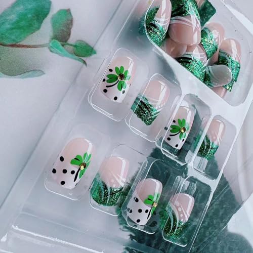 French St. Patrick's Short Press-On Nails with Shamrock & Glitter - Green Lucky Clover Nail Art