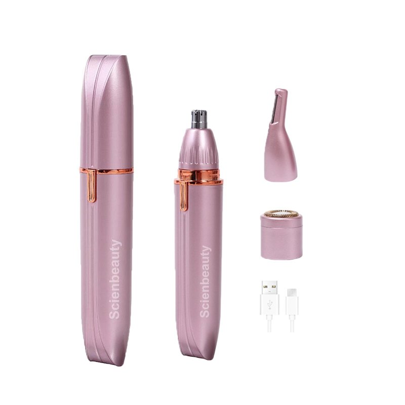 Scienbeauty Nose Ear Hair Trimmer Facial & Eyebrow Hair Remover for Women, 3 in 1 USB Rechargeable Painless Hair Removal Kit with 3 Replaceable Rinseable Grooming Heads