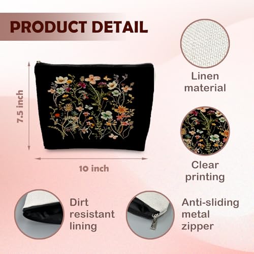 Supwhd Black Floral Small Makeup Bag - Waterproof Linen Cosmetic Pouch for Women & Girls