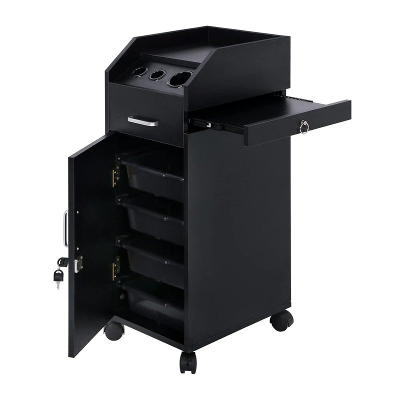 Hair Salon Storage Cart - Mobile Makeup Case with Wheels, 3 Hair Dryer Holders & 4 Drawers | Black Utility Trolley