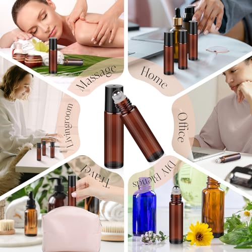 10ml Amber Roller Bottles for Essential Oils - 4 Pack with Stainless Steel Balls