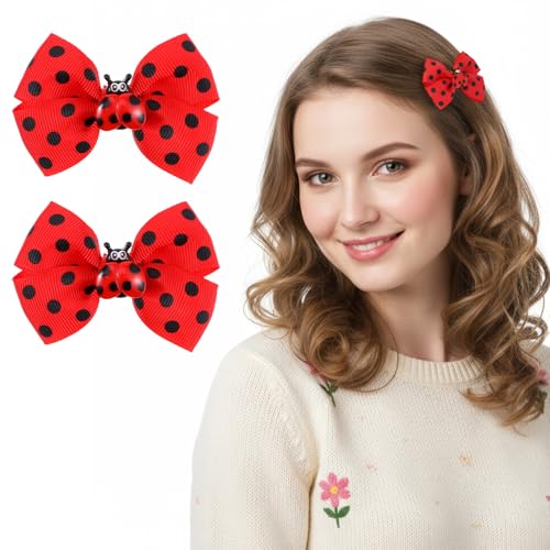 Ladybug Hair Clips for Girls - Red Polka Dot Bow Barrettes (2 Pcs)