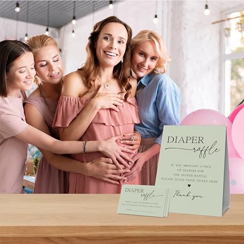 Diaper Raffle Sign & 50 Tickets - Moss Green Baby Shower Decorations