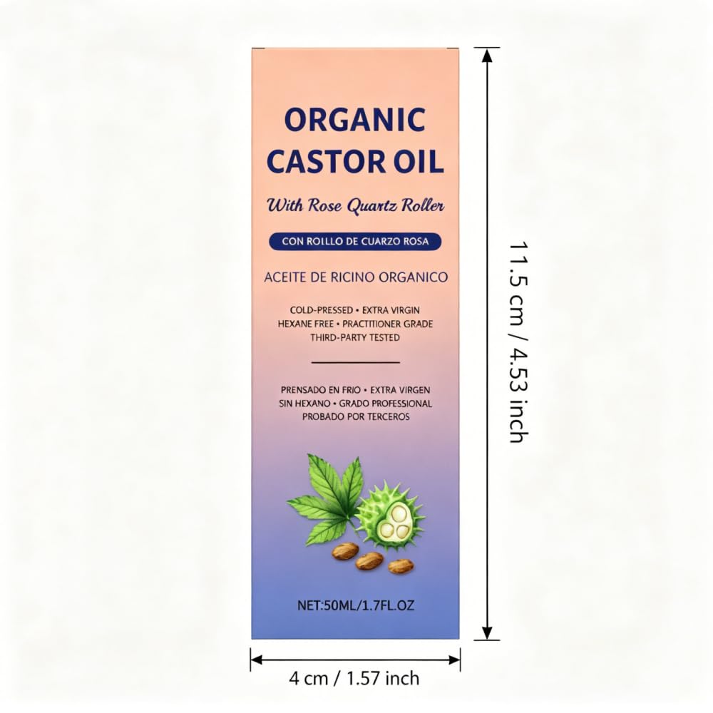 Organic Castor Oil Roll-On with Rose Quartz Roller, Cold-Pressed Pure Organic Golden Castor Oil Roller Ball for Hair Growth, Eyelashes, Eyebrows & Skin, 1.7 fl oz(1)