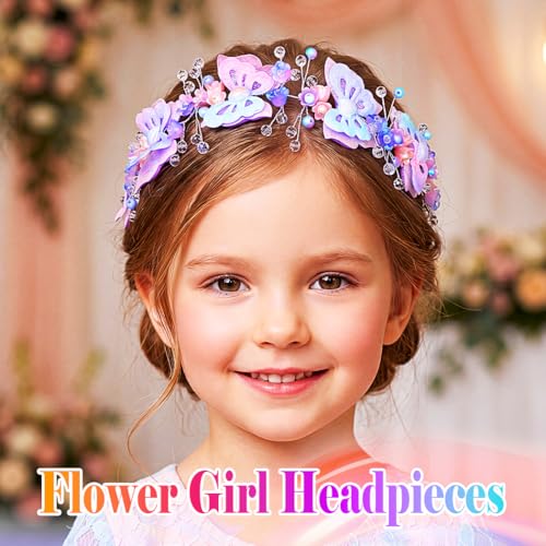 Urieo Girl Flower Headband with Butterfly and Crystal Beads Wedding Hair Accessory