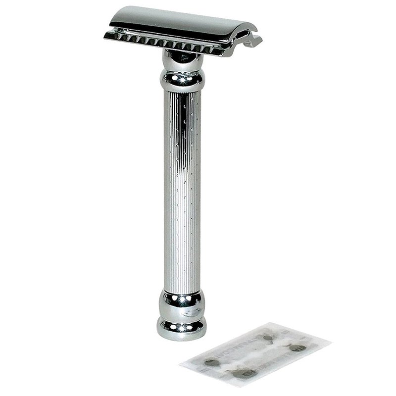 MERKUR 47C Double Edge Safety Razor – Long Handle Three-Piece Straight Cut Razor, Bright Chrome Finish, Engine-Turned Grip, Smooth Shave, Designed & Made in Germany