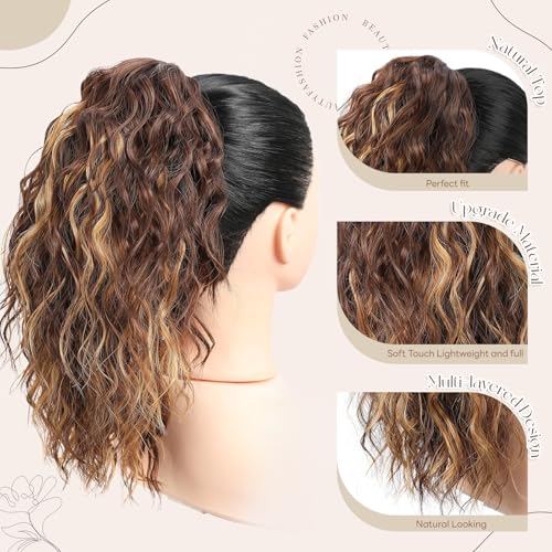 14 Inch Short Ponytail Extension H6A/26# | Curly Clip-In Synthetic Hair for Women - Chocolate Brown Mix Blonde