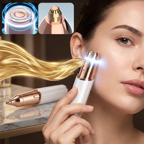 Facial Hair Remover for Women: 2 in 1 Electric Eyebrow Trimmer - Rechargeable, Waterproof, Portable, Precision Eyebrow Razor with LED Light (Champagne Gold)