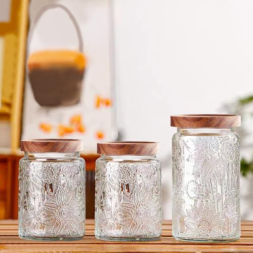 Vintage Glass Storage Jars with Wooden Lids - 24 oz Airtight Containers