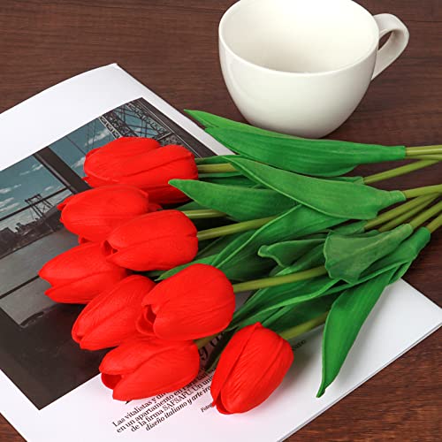 10 Red Faux Tulips - Realistic Artificial Flowers for Home Decor