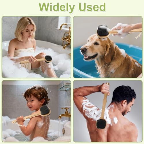 QEYMN Black 1pcs Silicone Back Scrubber with Long Bamboo Handle - Dual-Sided Shower Brush for Exfoliation & Massage