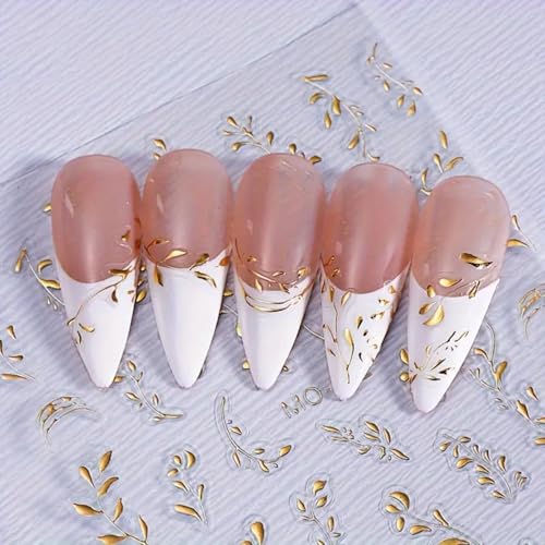 FRUZJAY Gold Silver Leaf Nail Art Stickers 2 Sheets 5D Embossed Leaves for Manicure