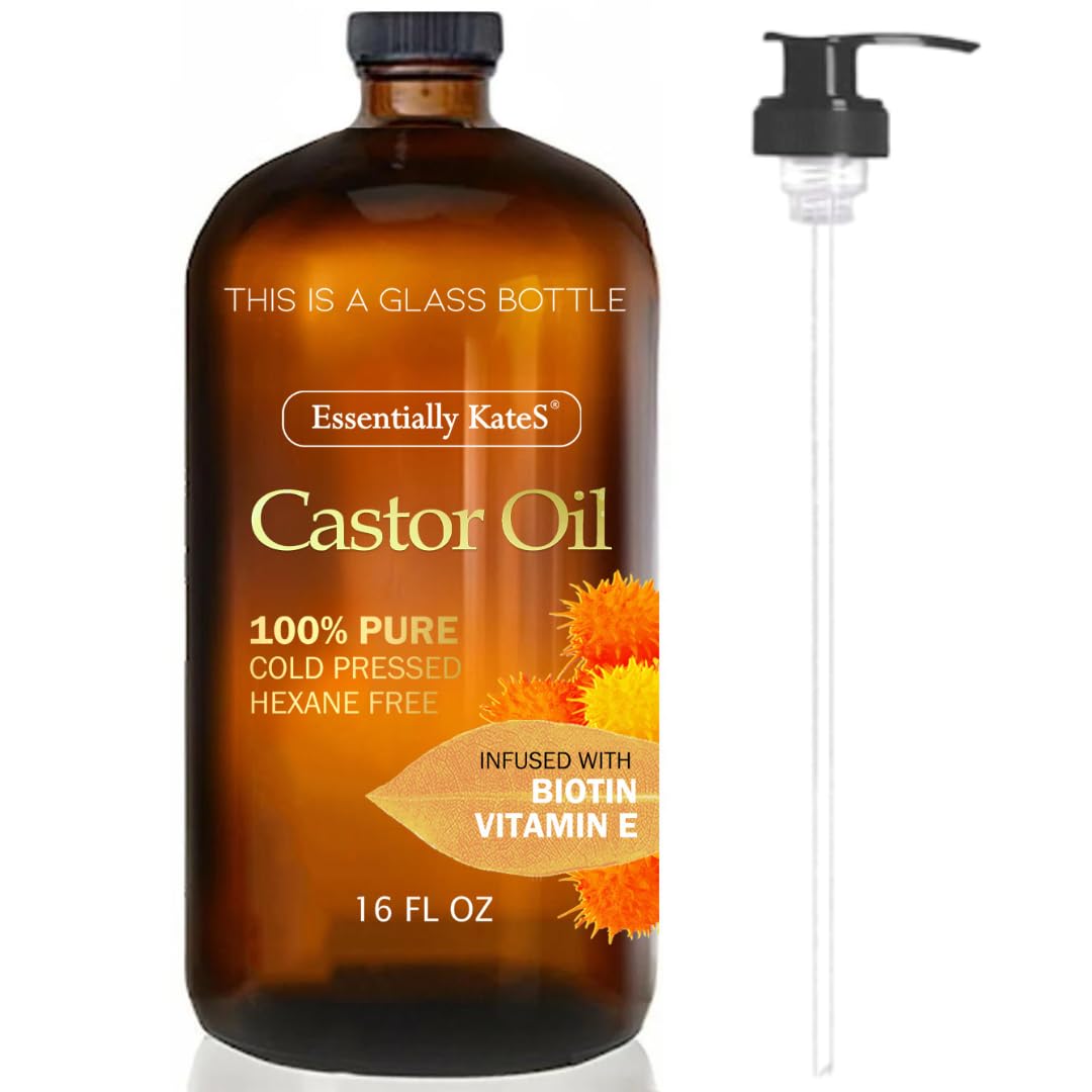 Castor Oil 16 Fl Oz - 100% Pure & Natural, Cold Pressed | Glass Bottle with Pump for Hair & Body