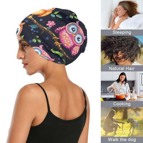 ElliTarr Satin Lined Sleep Bonnet with Floral Owls - One Size, Spring Design