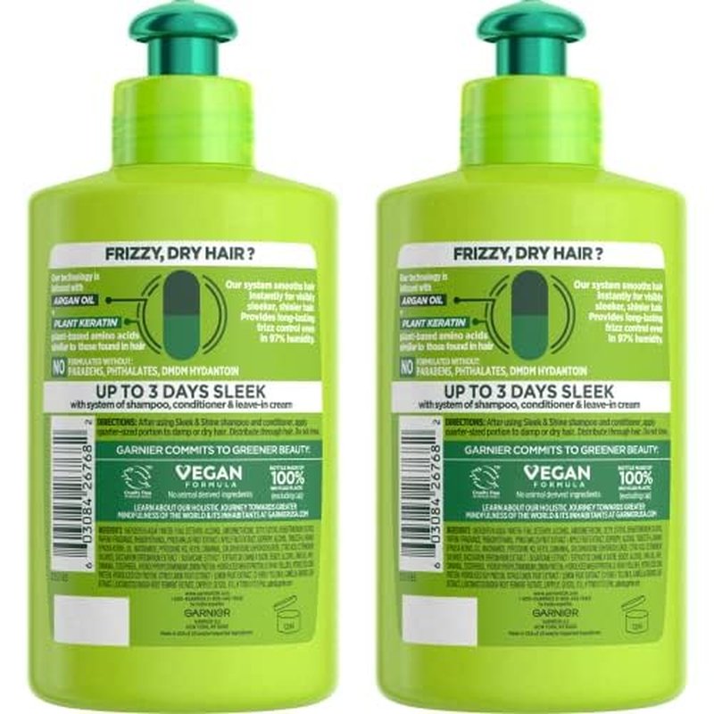 Garnier Fructis Sleek & Shine Leave-In Conditioner - Smooths Frizzy Hair with Plant Keratin & Argan Oil | 10.2 Fl Oz (Pack of 2)