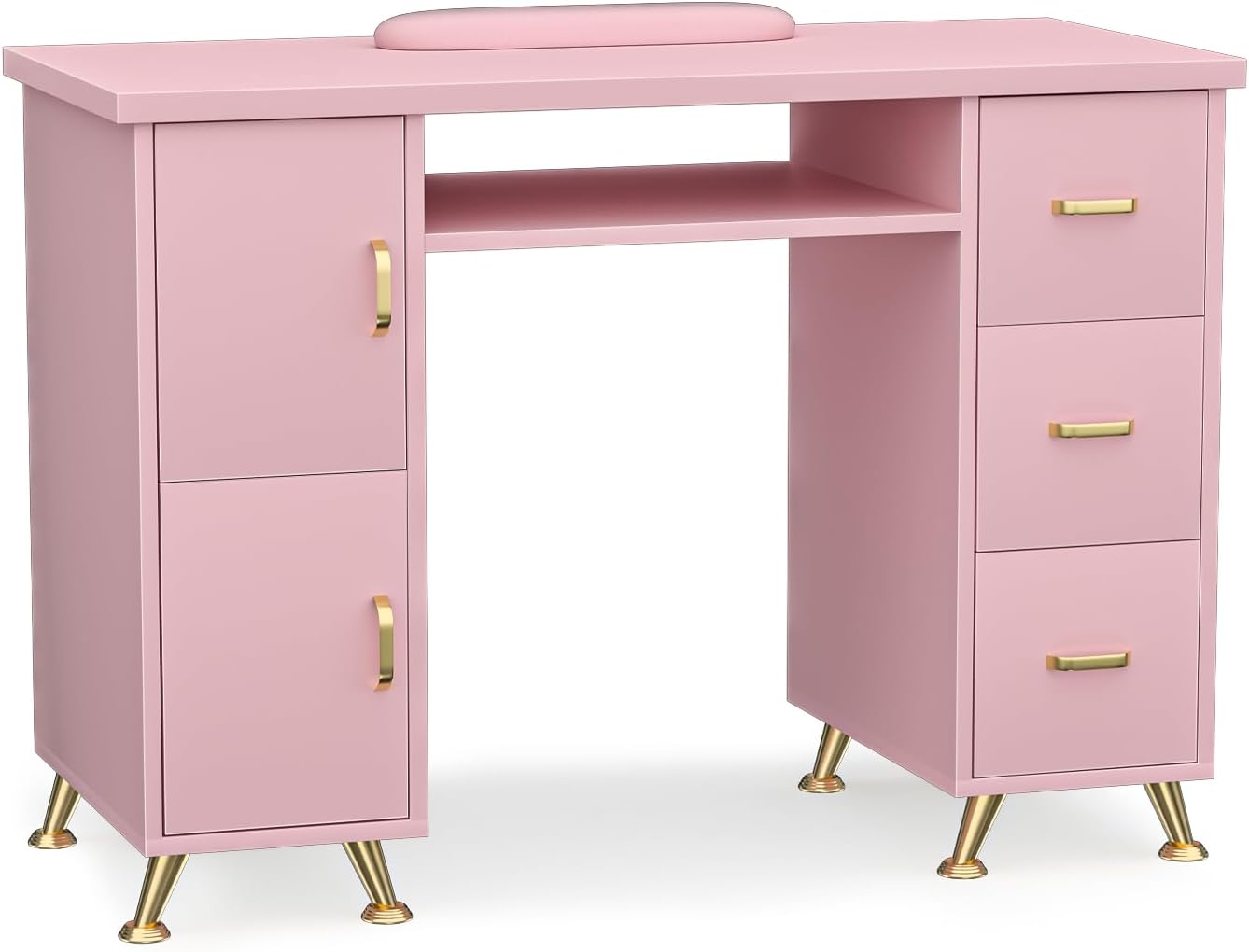 Manicure Table - Durable Nail Desk with 3 Drawers & 2 Cabinets | Acetone-Resistant, Versatile Salon Station (White-Gold)