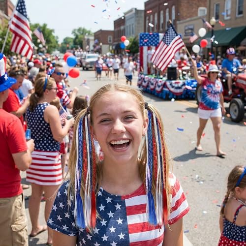 4 Pack Patriotic 4th of July Ponytail Hair Extensions Red White Blue Elastic Hair Ties