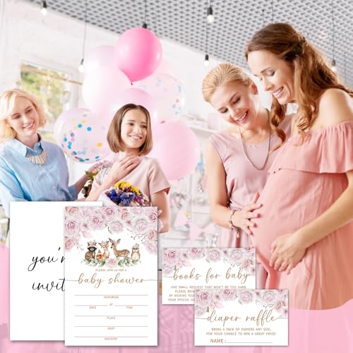 Floral Woodland Baby Shower Invitations Set - 25 Cards & Envelopes