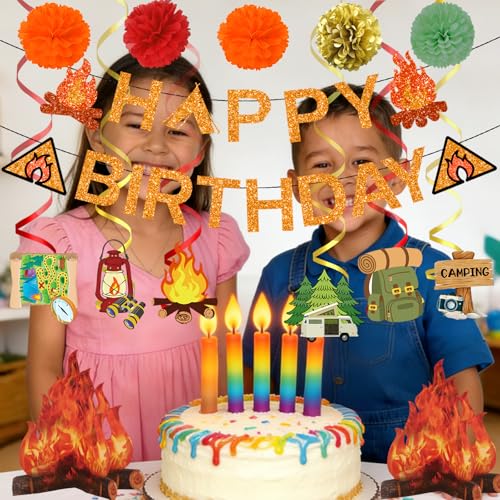 Camping Birthday Party Decorations Set - Rustic Kit with Banner, Swirls, and Centerpieces