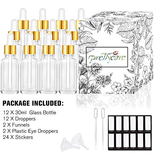 PrettyCare 1 oz Clear Glass Eye Dropper Bottles - 12 Pack with Pipettes & Labels