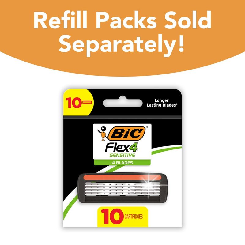 BIC Flex 4 Refillable Razors for Men, Long-Lasting 4 Blade Razors for Sensitive Skin, 1 Handle and 7 Cartridges, 8 Piece Shaving Kit