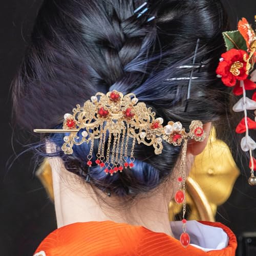 Vintage Chinese Hanfu Hair Clips & Hair Sticks Set for Women, Tassel Flower Design