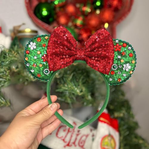Christmas Mouse Ears Headband for Women Sequin Red Bows with Beads