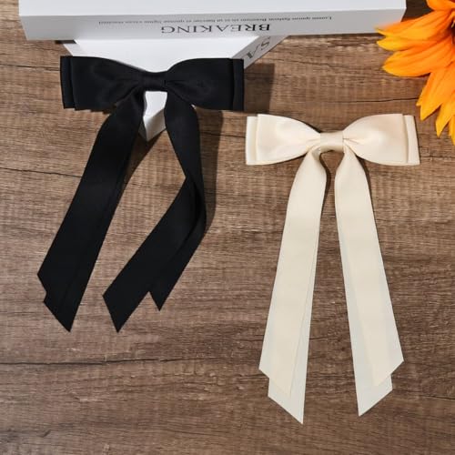 2PCS Handmade Satin Hair Bows Clips for Women & Girls - Beige & Black