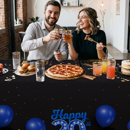 Happy 20th Birthday Tablecloth - Blue & Black Glitter Design, 53x108 inches