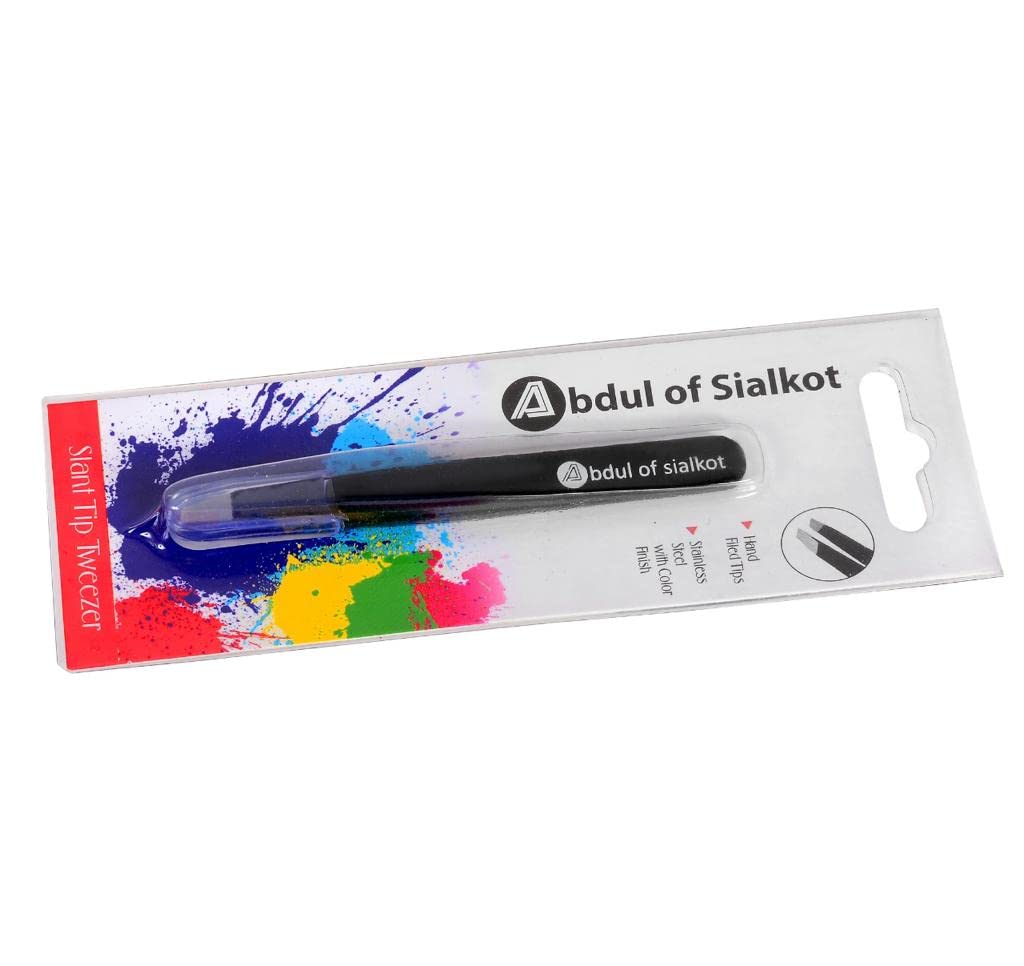 Abdul of Sialkot Tweezers for Eyebrows -Slant Tip Professional Stainless Steel Eyebrow Tweezers for Women & Men - Great Precision on Brow, Facial Hair & Ingrown Hair Pack of 1 (Black)