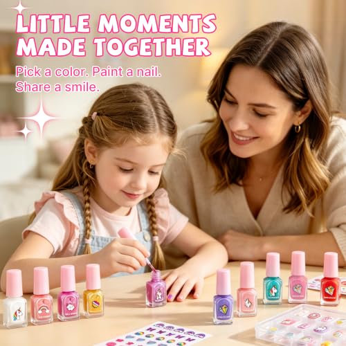 Kids Unicorn Nail Polish Kit - Water-Based Peel-Off Colors, Stickers & Press-On Nails