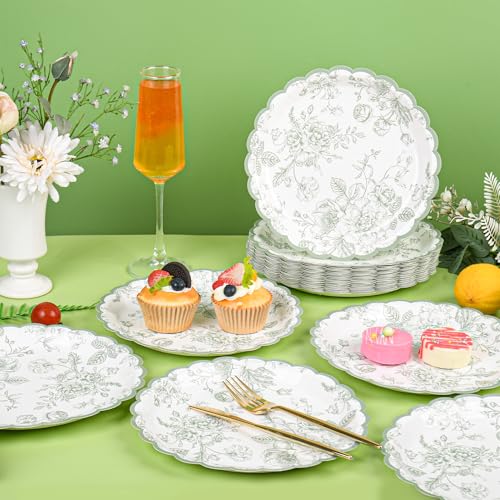 Sage Green Floral Paper Plates - 9in Scalloped, 24 Count