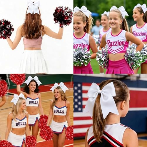 2pcs Cheer Bows for Cheerleaders Elastic Hair Bows - White, 8" Each by Shemboli