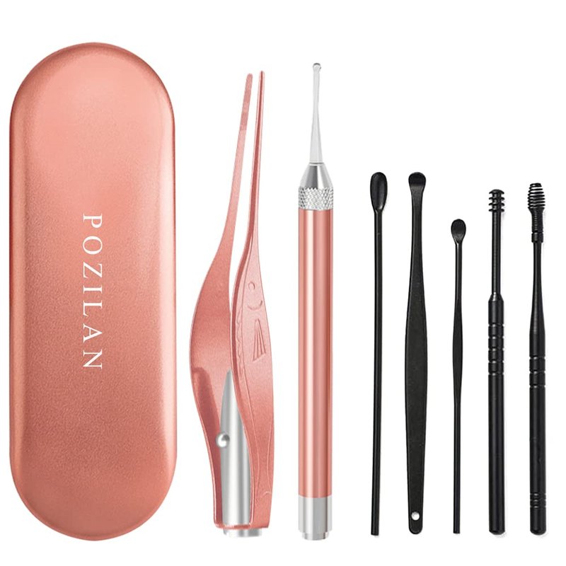 POZILAN Ear Picker Tweezers with LED Light - 8 Pack Ear Wax Removal Tool Cleaner Kit for Kids and Adults, Earwax Spoon Digger & Tweezers for Ear Cleaning Tool Gift Set
