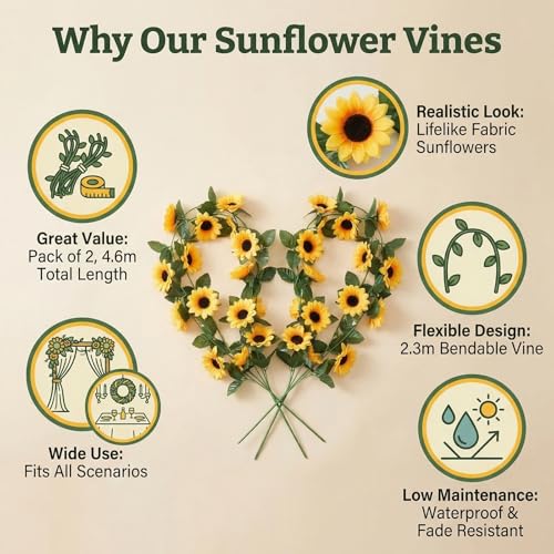 Happyupcity 2Pcs Artificial Sunflower Garland - 7.5FT Silk Vine for Weddings & Decor