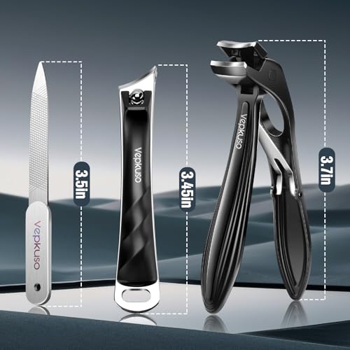Vepkuso Black Toenail Clippers Set for Thick Nails - Heavy Duty Stainless Steel