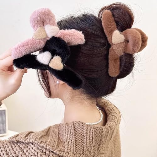 Rannyrena Heart Fuzzy Plush Hair Claw Clips Set of 5 for Women, Strong Grip & Non-slip