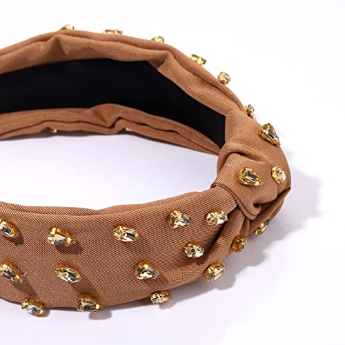 NVENF B-Brown Rhinestone Knotted Headband for Women Summer Hair Accessories