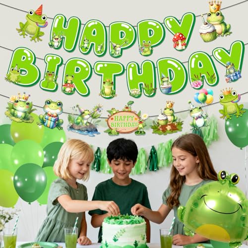 Frog Birthday Decorations Set - Happy Birthday Banner & Balloons