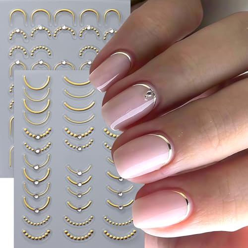 4 Pcs French Line Nail Art Stickers with Rhinestones - Self-Adhesive 5D Designs