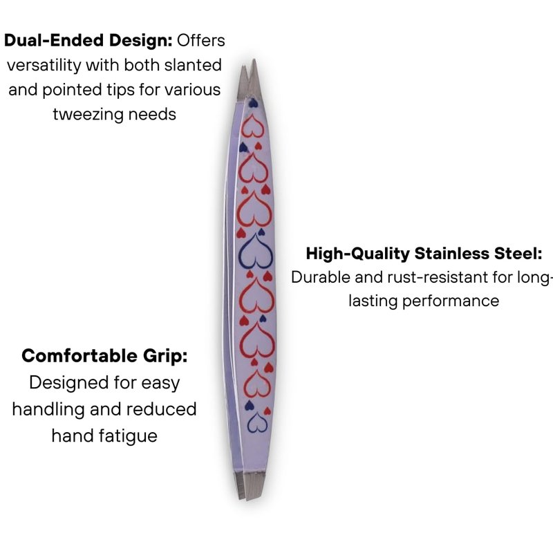 Dual Ended Point & Slant Tips Z-Tweeze PATENTED Tweezers (White with Hearts) Precision Crafted for Eyebrows Ingrown hair two in one tweezers for ease of use by DreamCut