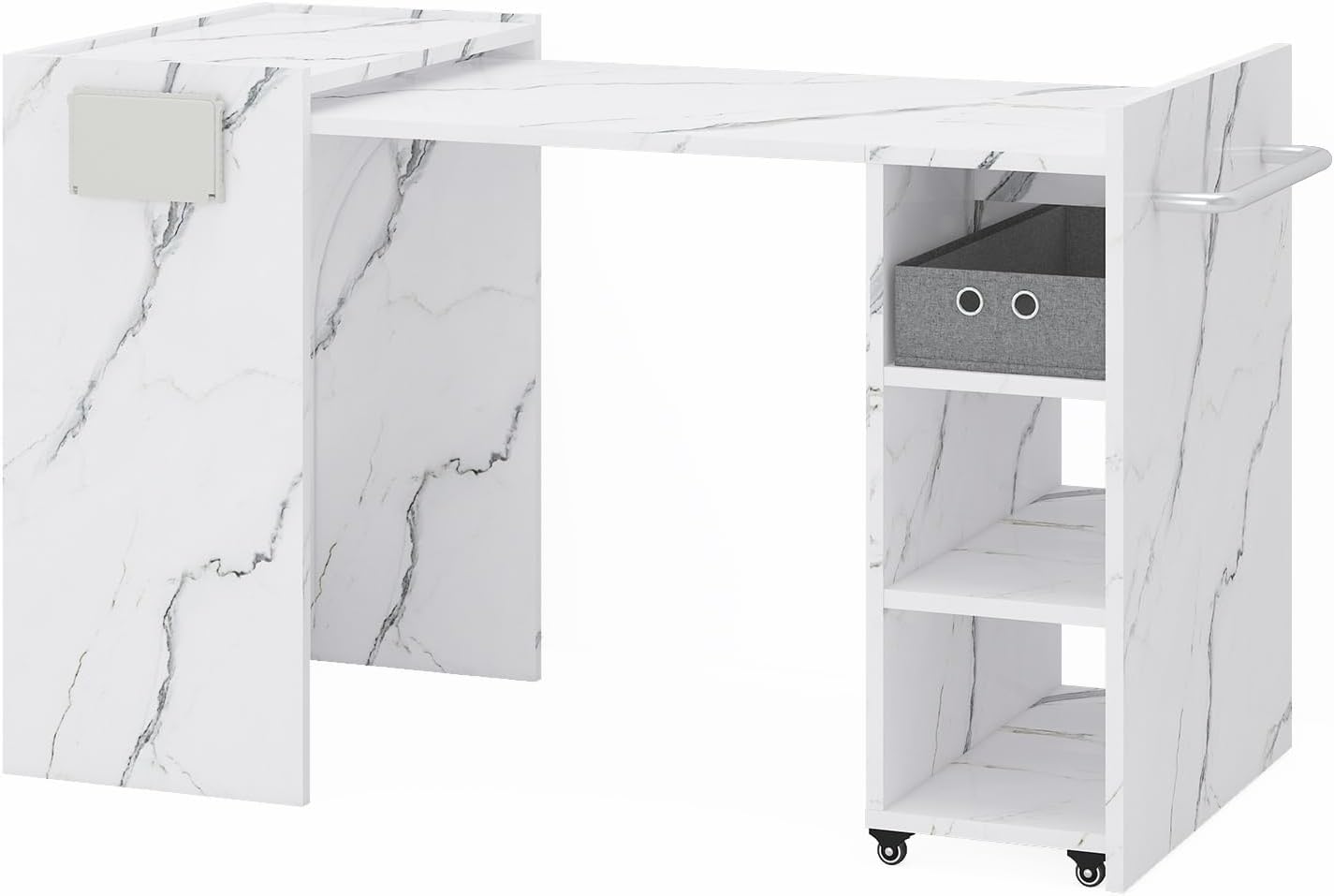 Foldable Manicure Table - Expandable Nail Tech Desk with Storage Drawer | Modern White Marble Design for Home & Salon
