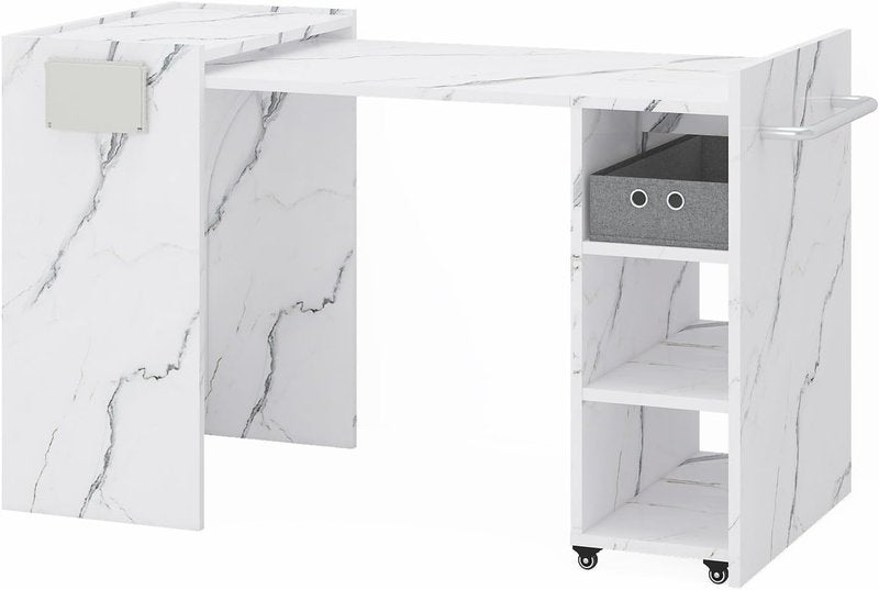 Foldable Manicure Table - Expandable Nail Tech Desk with Storage Drawer | Modern White Marble Design for Home & Salon