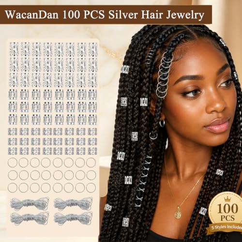 WacanDan Silver 100 Pcs Hair Jewelry Set for Braids & Locs - Adjustable Styles